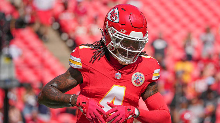 Kansas City Chiefs wide receiver Rashee Rice (4) warms up against the Cincinnati Bengals prior to a game at GEHA Field at Arrowhead Stadium. 