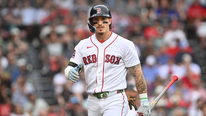 Jun 18, 2026; Boston, Massachusetts, USA; Boston Red Sox left fielder Jarren Duran (16) looks on after striking out against the Toronto Blue Jays during the second inning at Fenway Park. Mandatory Credit: Eric Canha-Imagn Images