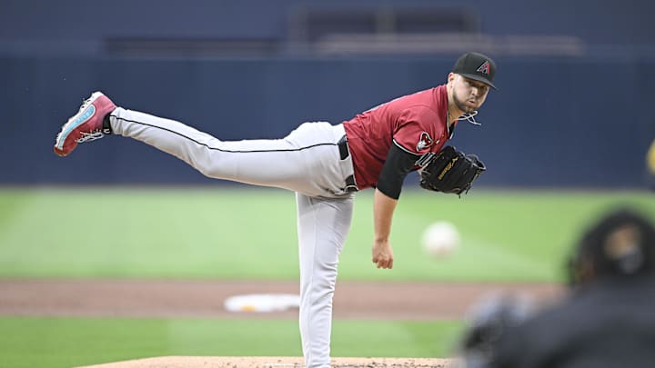 Jun 6, 2024; San Diego, California, USA; Arizona Diamondbacks starting pitcher Slade Cecconi (43) delivers during the first inning against the San Diego Padres at Petco Park. Mandatory Credit: Denis Poroy-USA TODAY Sports at Petco Park. 