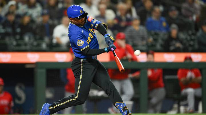 Sep 24, 2026; Seattle, Washington, USA; Seattle Mariners center fielder Julio Rodríguez (44) hits a 2-run home run against the Los Angeles Angels during the second inning at T-Mobile Park. Mandatory Credit: Steven Bisig-Imagn Images Sep 24, 2026; Seattle, Washington, USA; Seattle Mariners center fielder Julio Rodríguez (44) hits a 2-run home run against the Los Angeles Angels during the second inning at T-Mobile Park. Mandatory Credit: Steven Bisig-Imagn Images