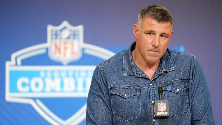 Feb 25, 2026; Indianapolis, IN, USA; New England Patriots coach Mike Vrabel speaks during the NFL Scouting Combine at the Indiana Convention Center. Mandatory Credit: Kirby Lee-Imagn Images