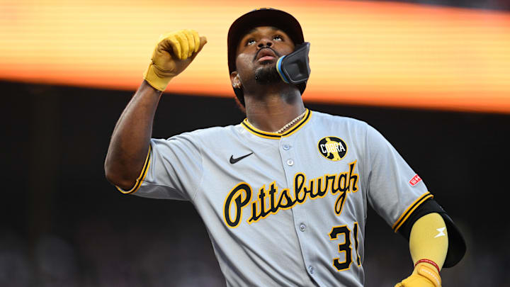 Jul 29, 2025; San Francisco, California, USA; Pittsburgh Pirates shortstop Liover Peguero (31) celebrates his solo home run against the San Francisco Giants during the fifth inning at Oracle Park. Mandatory Credit: Eakin Howard-Imagn Images