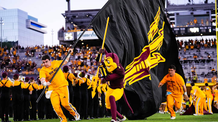 Aug 30, 2025; Tempe, Arizona, USA; Sparky the Sun Devil takes the field pregame between Arizona State Sun Devils and Northern Arizona Lumberjacks at Mountain America Stadium. Mandatory Credit: Arianna Grainey-Imagn Images