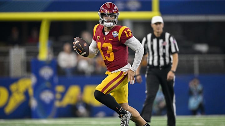 Jan 2, 2023; Arlington, Texas, USA; USC Trojans quarterback Caleb Williams (13) in action during the
