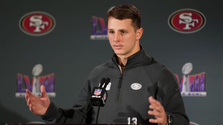 Feb 7, 2024; Las Vegas, NV, USA; San Francisco 49ers quarterback Brock Purdy (13) speaks during a press conference before Super Bowl LVIII at Hilton Lake Las Vegas Resort and Spa. Mandatory Credit: Kyle Terada-USA TODAY Sports Feb 7, 2024; Las Vegas, NV, USA; San Francisco 49ers quarterback Brock Purdy (13) speaks during a press conference before Super Bowl LVIII at Hilton Lake Las Vegas Resort and Spa. Mandatory Credit: Kyle Terada-USA TODAY Sports