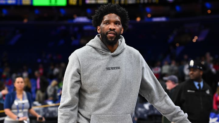 Mar 14, 2025; Philadelphia, Pennsylvania, USA; Philadelphia 76ers center Joel Embiid looks on after the game against the Indiana Pacers at Wells Fargo Center. Mandatory Credit: Kyle Ross-Imagn Images Mar 14, 2025; Philadelphia, Pennsylvania, USA; Philadelphia 76ers center Joel Embiid looks on after the game against the Indiana Pacers at Wells Fargo Center. Mandatory Credit: Kyle Ross-Imagn Images