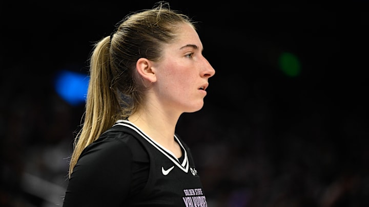 Aug 19, 2025; San Francisco, California, USA; Golden State Valkyries guard Kate Martin (20) looks on against the Phoenix Mercury in the fourth quarter at Chase Center. Mandatory Credit: Eakin Howard-Imagn Images