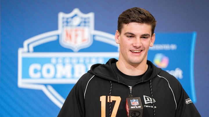 Feb 27, 2026; Indianapolis, IN, USA; Alabama quarterback Ty Simpson (QB17) speaks to members of the media during the NFL Combine at the Indiana Convention Center. Mandatory Credit: Jacob Musselman-Imagn Images