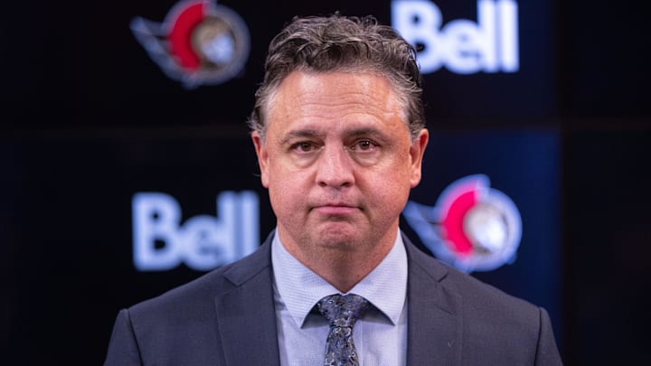 Oct 13, 2025; Ottawa, Ontario, CAN; Ottawa Senators head coach Travis Green speaks the media following their loss in a game against the Nashville Predators  at the Canadian Tire Centre. Mandatory Credit: Marc DesRosiers-IMAGN Images
