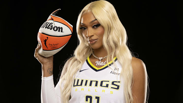Wings guard DiJonai Carrington poses for a photo during the 2025 Dallas Wings Media Day. Wings guard DiJonai Carrington poses for a photo during the 2025 Dallas Wings Media Day.
