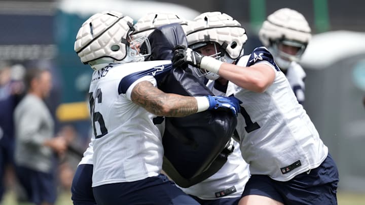 Jul 27, 2022; Oxnard, CA, USA; Dallas Cowboys tackles Matt Waletzko (71) and Avinate Collins (76) participate in drills during training camp at the River Ridge Fields. Mandatory Credit: Kirby Lee-Imagn Images