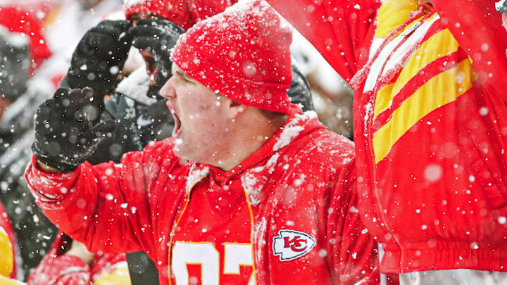 Dec 15, 2019; Kansas City, MO, USA; Kansas City Chiefs fans throw snow into the air during the Dec 15, 2019; Kansas City, MO, USA; Kansas City Chiefs fans throw snow into the air during the