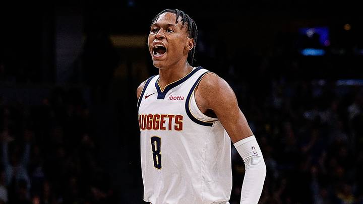 Feb 4, 2024; Denver, Colorado, USA; Denver Nuggets forward Peyton Watson (8) reacts after a play in the fourth quarter against the Portland Trail Blazers at Ball Arena. Mandatory Credit: Isaiah J. Downing-USA TODAY Sports
