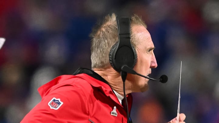 Nov 17, 2024; Orchard Park, New York, USA; Kansas City Chiefs defensive coordinator Steve Spagnuolo on the sidelines in the fourth quarter against the Buffalo Bills at Highmark Stadium. Mandatory Credit: Mark Konezny-Imagn Images
