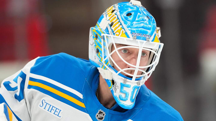 Mar 12, 2026; Raleigh, North Carolina, USA;  St. Louis Blues goaltender Jordan Binnington (50) looks on during the warmups before the game against the Carolina Hurricanes at Lenovo Center. Mandatory Credit: James Guillory-Imagn Images