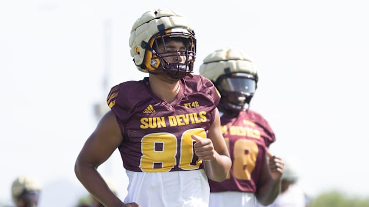Arizona State tight end Jayden Fortier (80) practices on Aug. 1, 2024, at Kajikawa Practice Fields in Tempe.