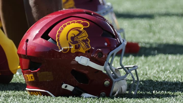 USC Trojans helmet on the sideline during the game against the Michigan Wolverines at Michigan Stadium. 