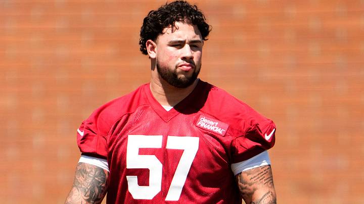 Arizona Cardinals offensive lineman Chase Bisontis (57) during rookie mini-camp practice on May 8, 2026, at the Dignity Health Arizona Cardinals Training Center in Tempe.