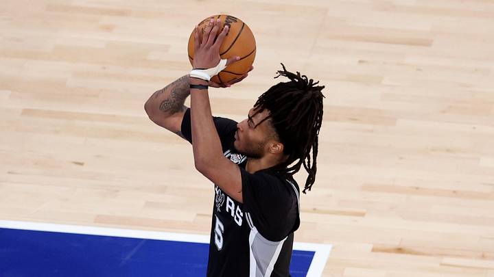 Jun 8, 2026; New York, New York, USA; San Antonio Spurs guard Stephon Castle (5) shoots a free throw with seconds remaining in the fourth quarter during game three of the 2026 NBA Finals against the New York Knicks at Madison Square Garden. Mandatory Credit: Wendell Cruz-Imagn Images
