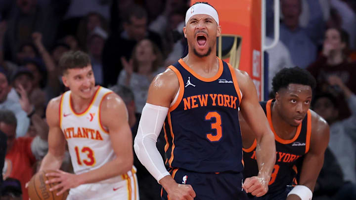 Dec 11, 2024; New York, New York, USA; New York Knicks guard Josh Hart (3) reacts after a dunk by forward OG Anunoby (8) against Atlanta Hawks guard Bogdan Bogdanovic (13) during the second quarter at Madison Square Garden. Mandatory Credit: Brad Penner-Imagn Images Dec 11, 2024; New York, New York, USA; New York Knicks guard Josh Hart (3) reacts after a dunk by forward OG Anunoby (8) against Atlanta Hawks guard Bogdan Bogdanovic (13) during the second quarter at Madison Square Garden. Mandatory Credit: Brad Penner-Imagn Images
