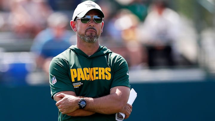 Green Bay Packers Head Coach Matt LaFleur watches practice during the sixth day of training camp on July 29, 2025, at Ray Nitschke Field in Ashwaubenon, Wis.