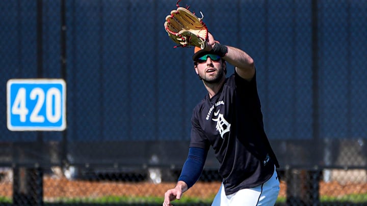 Detroit Tigers outfielder Matt Vierling practices during spring training at TigerTown in Lakeland, Fla. on Thursday, Feb. 19, 2026.