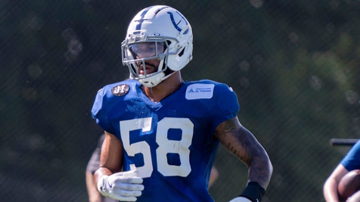 Indianapolis Colts’ linebacker Austin Ajiake (#58) runs drills during Colts Camp at Grand Park Sports Campus, Tuesday, July 29, 2025 in Westfield.
