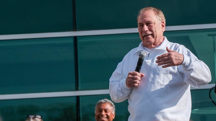 Michigan State Men's Head Basketball Coach Tom Izzo speaks to the crowd before the start of the Izzo Legacy 5K run Sunday, April 27, 2025.