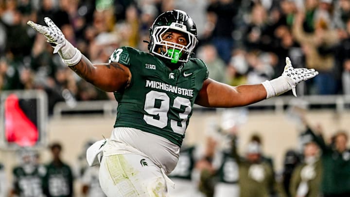 Michigan State's Jalen Satchell celebrates a sack against Penn State during the third quarter on Saturday, Nov. 15, 2025, at Spartan Stadium in East Lansing. Michigan State's Jalen Satchell celebrates a sack against Penn State during the third quarter on Saturday, Nov. 15, 2025, at Spartan Stadium in East Lansing.