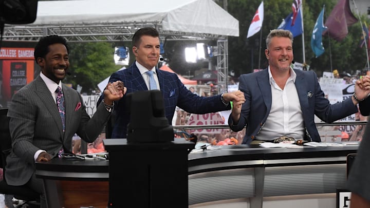 Desmond Howard, left, Rece Davis and Pat McAfee during College GameDay
