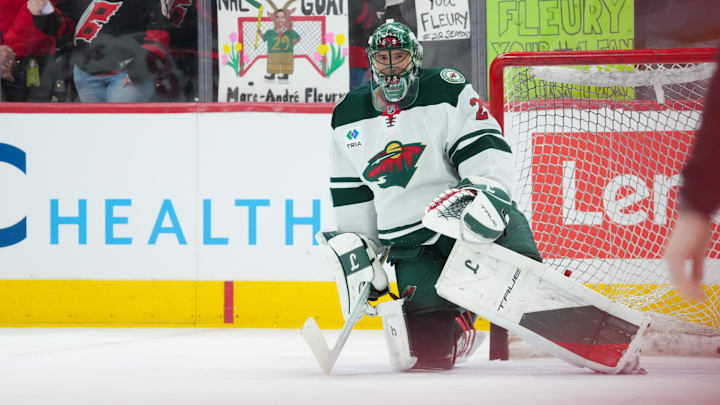 Jan 4, 2025; Raleigh, North Carolina, USA;  Minnesota Wild goaltender Marc-Andre Fleury (29) looks during the warmups before the game against the Carolina Hurricanes at Lenovo Center. Mandatory Credit: James Guillory-Imagn Images
