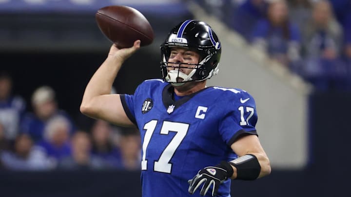 Dec 22, 2025; Indianapolis, Indiana, USA; Indianapolis Colts quarterback Philip Rivers (17) passes the ball against the San Francisco 49ers in the first quarter of the game at Lucas Oil Stadium. 