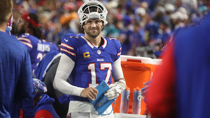 Bills Josh Allen is all smiles as the Bills take a huge lead over Jacksonville during second half action at Highmark Stadium in Orchard Park on Sept. 23, 2024.