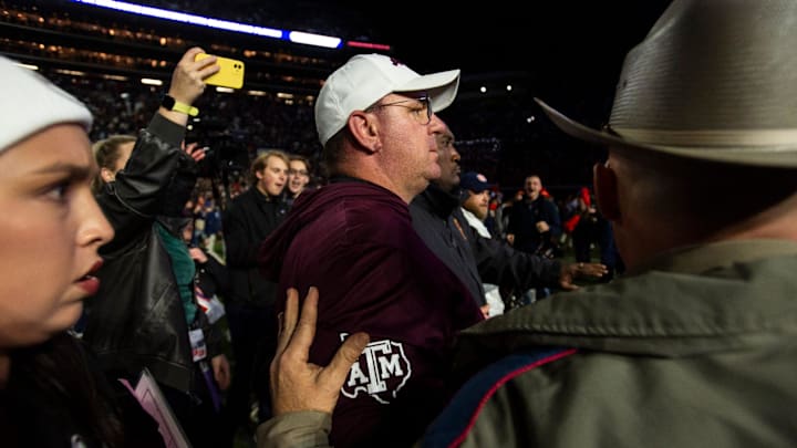 Texas A&M Aggies head coach Mike Elko makes his way off the field after the game as Auburn Tigers take on Texas A&M Aggies at Jordan-Hare Stadium in Auburn, Ala., on Saturday, Sept. 7, 2024. Auburn Tigers defeated Texas A&M Aggies 43-41 in fourth overtime.