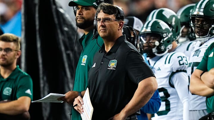 Ohio Bobcats head coach Brian Smith watches his players in the first half at the Ohio Stadium on Saturday, Sept. 13, 2025 in Columbus, Ohio. Ohio Bobcats head coach Brian Smith watches his players in the first half at the Ohio Stadium on Saturday, Sept. 13, 2025 in Columbus, Ohio.