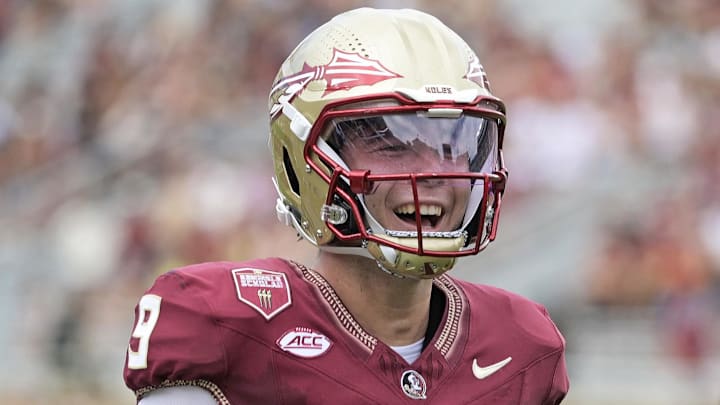 Sep 6, 2025; Tallahassee, Florida, USA; Florida State Seminoles quarterback Kevin Sperry celebrates after scoring a touchdown against the East Texas A&M Lions during the second half at Doak S. Campbell Stadium. Mandatory Credit: Melina Myers-Imagn Images Sep 6, 2025; Tallahassee, Florida, USA; Florida State Seminoles quarterback Kevin Sperry celebrates after scoring a touchdown against the East Texas A&M Lions during the second half at Doak S. Campbell Stadium. Mandatory Credit: Melina Myers-Imagn Images