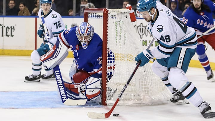 Dec 3, 2023; New York, New York, USA;  New York Rangers goaltender Jonathan Quick (32) defends