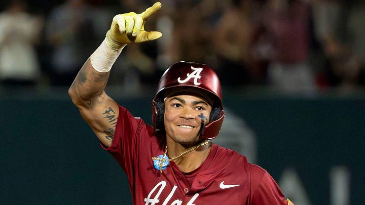May 30, 2026; Tuscaloosa, AL, USA; Alabama batter Justin Lebron (1) celebrates his solo homer in the Tuscaloosa NCAA Regional winner’s bracket game between Alabama and USC Upstate in Sewell-Thomas Stadium.