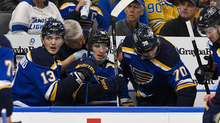 Nov 5, 2024; St. Louis, Missouri, USA;  St. Louis Blues center Dylan Holloway (81) is checked on by a trainer after he came off the ice from a shift against the Tampa Bay Lightning during the first period at Enterprise Center. Dylan Holloway was removed from the bench on a stretcher. Mandatory Credit: Jeff Curry-Imagn Images