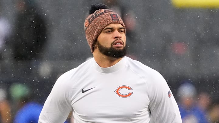 Jan 18, 2026; Chicago, IL, USA; Chicago Bears quarterback Caleb Williams (18) looks on during warmups before an NFC Divisional Round game against the Los Angeles Rams at Soldier Field. Mandatory Credit: David Banks-Imagn Images