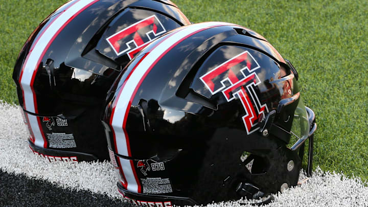 A general view of Texas Tech Red Raiders helmets. Mandatory Credit: Michael C. Johnson-Imagn Images