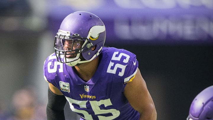 Oct 10, 2021; Minneapolis, Minnesota, USA; Minnesota Vikings outside linebacker Anthony Barr (55) in action during the game between the Detroit Lions and the Minnesota Vikings at U.S. Bank Stadium. Mandatory Credit: Jerome Miron-Imagn Images Oct 10, 2021; Minneapolis, Minnesota, USA; Minnesota Vikings outside linebacker Anthony Barr (55) in action during the game between the Detroit Lions and the Minnesota Vikings at U.S. Bank Stadium. Mandatory Credit: Jerome Miron-Imagn Images