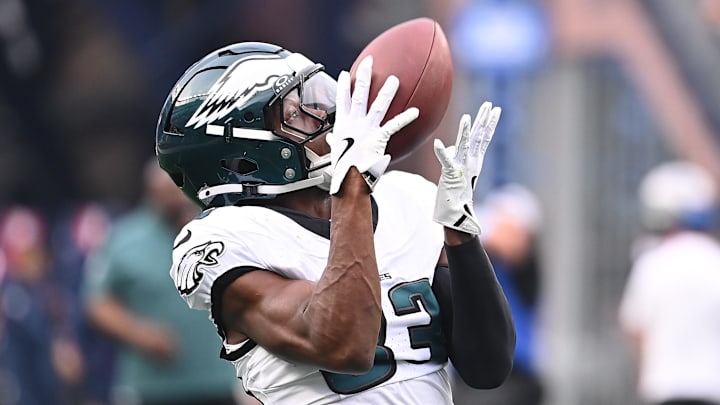 Aug 15, 2024; Foxborough, MA, USA; Philadelphia Eagles wide receiver John Ross (83) warms up before a game against the New England Patriots at Gillette Stadium.