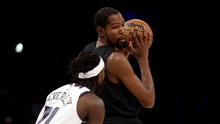 Nov 13, 2022; Los Angeles, California, USA; Brooklyn Nets forward Kevin Durant (7) matches up with Los Angeles Lakers guard Patrick Beverley (21) during the first quarter at Crypto.com Arena. Mandatory Credit: Kiyoshi Mio-Imagn Images Nov 13, 2022; Los Angeles, California, USA; Brooklyn Nets forward Kevin Durant (7) matches up with Los Angeles Lakers guard Patrick Beverley (21) during the first quarter at Crypto.com Arena. Mandatory Credit: Kiyoshi Mio-Imagn Images