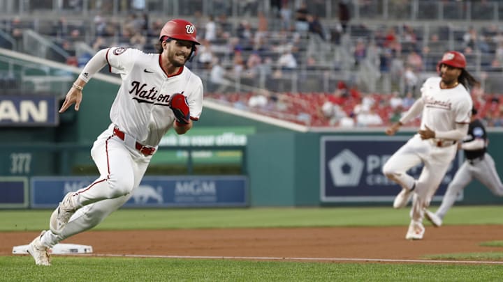 Sep 12, 2024; Washington, District of Columbia, USA; Washington Nationals outfielder Dylan Crews (3) and Nationals outfielder James Wood (29) round third base en route to scoring runs against the Miami Marlins during the first inning at Nationals Park. Sep 12, 2024; Washington, District of Columbia, USA; Washington Nationals outfielder Dylan Crews (3) and Nationals outfielder James Wood (29) round third base en route to scoring runs against the Miami Marlins during the first inning at Nationals Park.