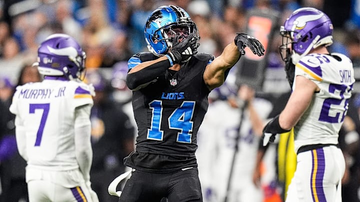 Detroit Lions wide receiver Amon-Ra St. Brown (14) celebrates a first down against Minnesota Vikings during the second half at Ford Field in Detroit on Sunday, Jan. 5, 2025.