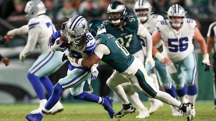 Philadelphia Eagles cornerback Adoree' Jackson (8) tackles Dallas Cowboys wide receiver CeeDee Lamb (88) during the third quarter of the game at Lincoln Financial Field.