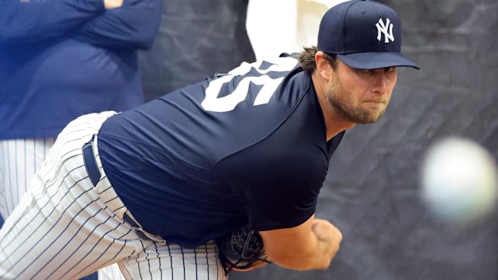 Feb 13, 2026; Tampa, FL, USA; New York Yankees pitcher Gerrit Cole (45) throws a bullpen session during spring training practices at George M. Steinbrenner Field. Mandatory Credit: Kim Klement Neitzel-Imagn Images