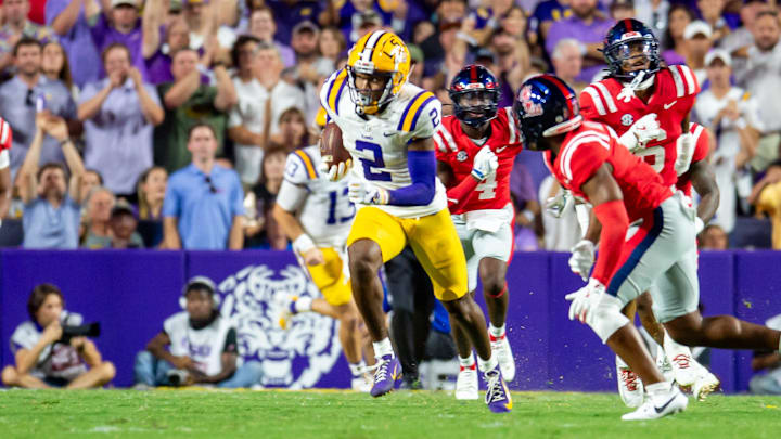Kyren Lacy 2 runs the ball as the LSU Tigers take on the Ole Miss Rebels at Tiger Stadium in Baton Rouge, LA. Saturday, Oct. 12, 2024.