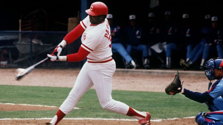 Cincinnati Reds outfielder Dave Parker is crushing the ball against Montreal Expos during their exhibition game before 11,218 fans at Greer Stadium April 5, 1987.